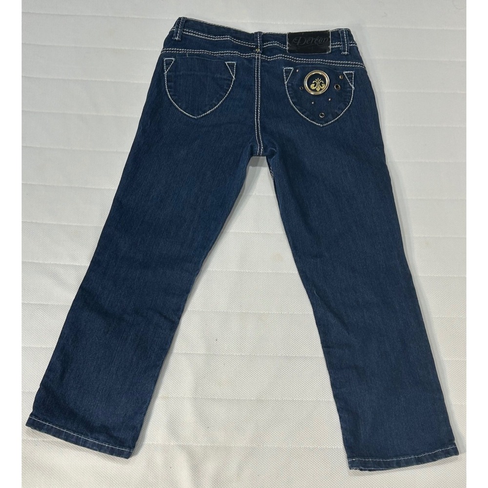 Dereon Girls Dark Wash Denim Jeans Gold Accent Size 7/8 Rhinestone - Picture 8 of 11